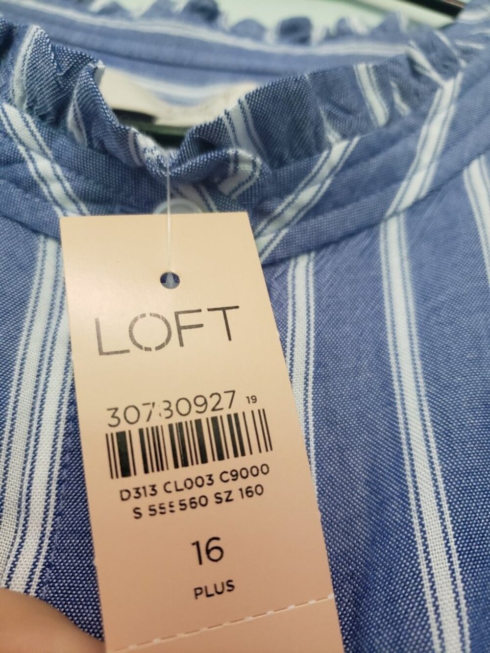 Loft Womens Plus 16 Blouse Button Up High Collar Ruffle Blue Stripe Career NWT - Picture 6 of 6